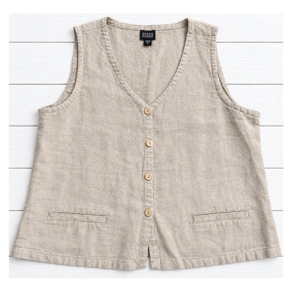 Eileen Fisher Linen Button Up Vest Beige Tan Neutral Minimalist Boho Size S